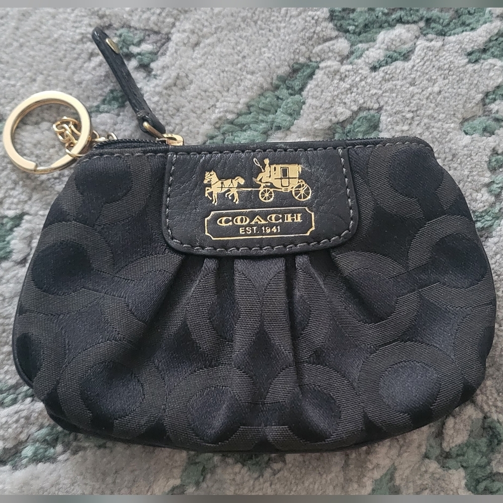 Coach Black Signature Coin Pouch with Gold Hardware Keyring